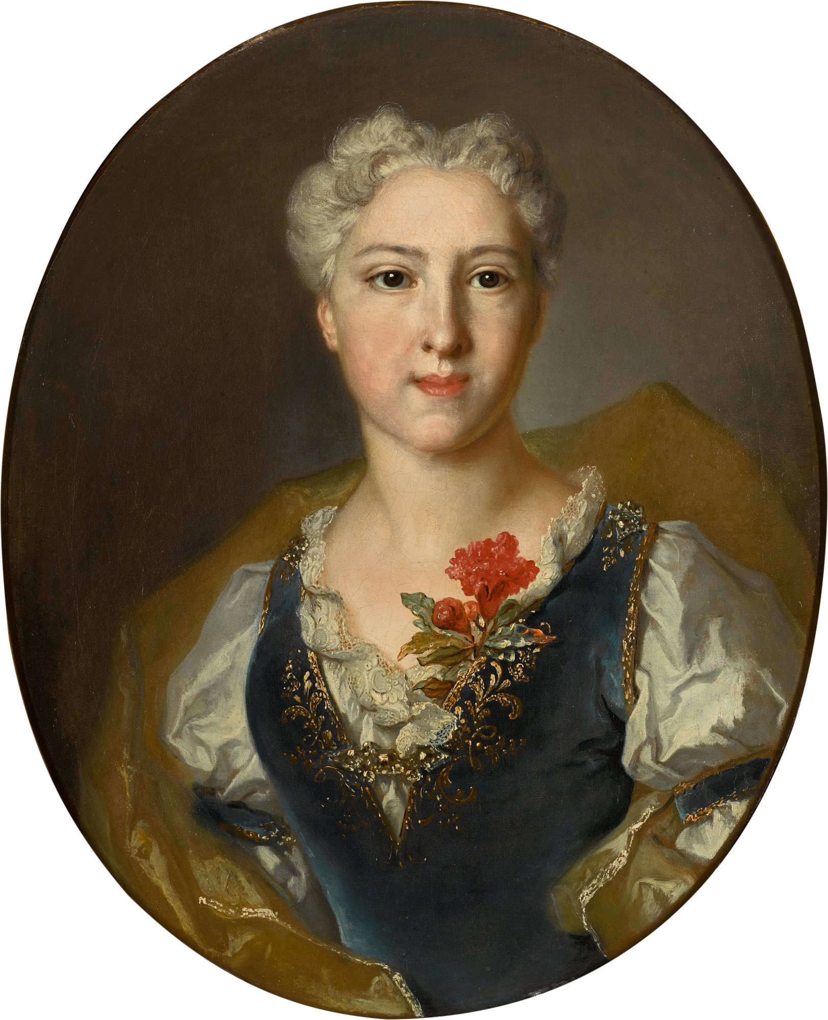 Unknown — Portrait of Marie-Thérèse Pommyer (born circa 1705), bust-length, wearing a blue velvet dress and white chemise, with a yellow wrap