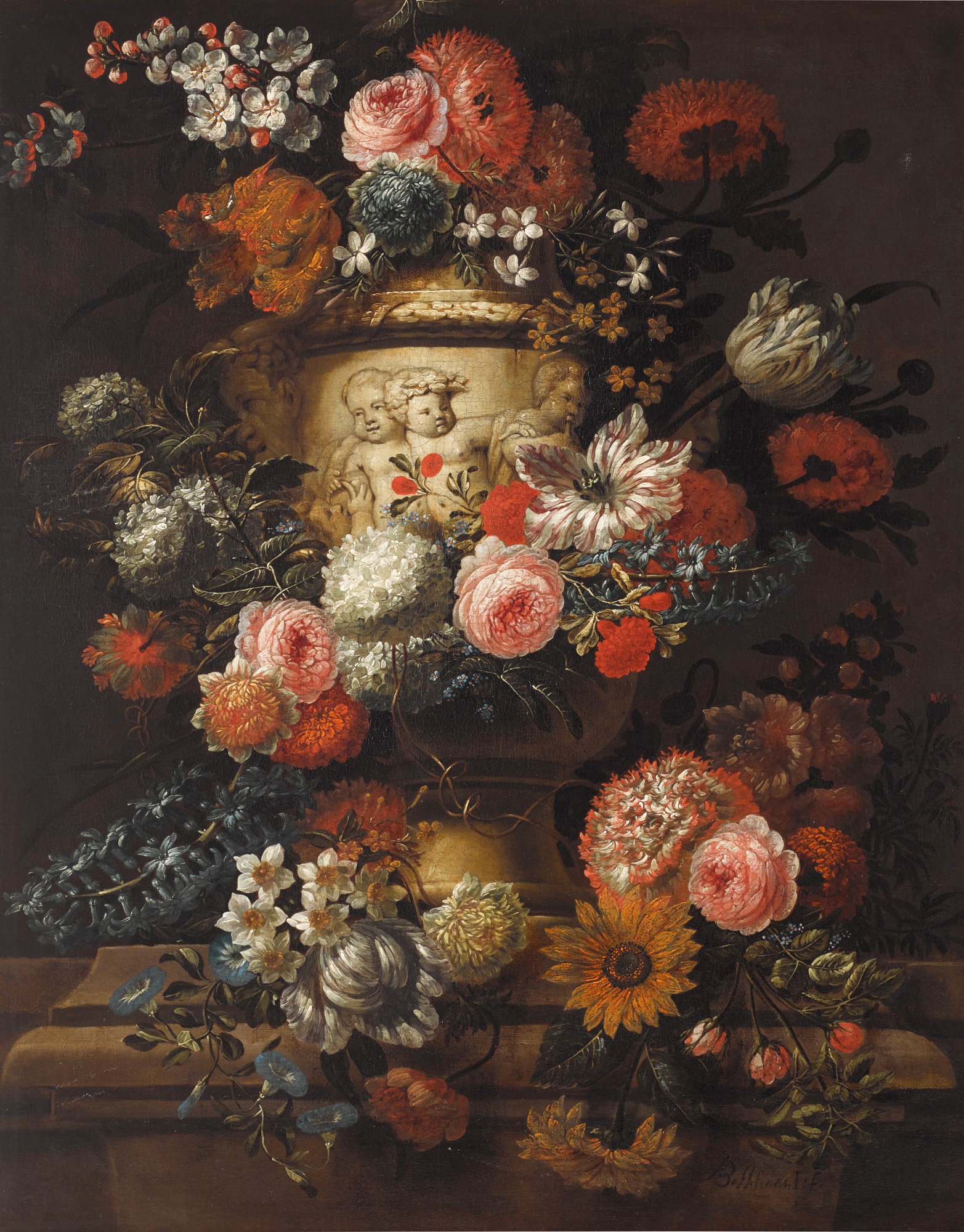 Unknown — Carnations, peonies, tulips, morning glory and other flowers in a sculpted urn on a stone ledge