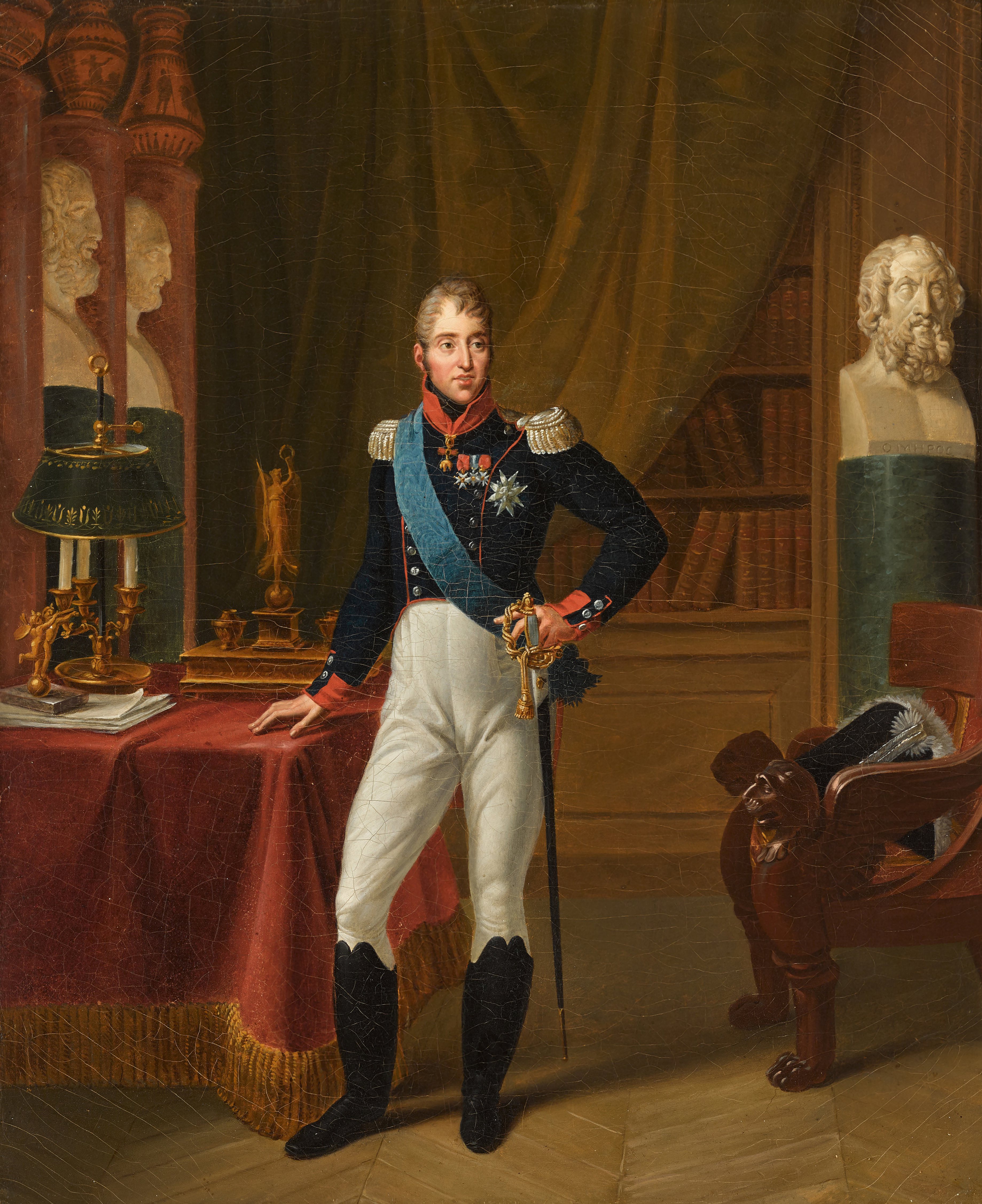 French School, circa 1820 — Portrait of King Charles X of France (1757–1836), full-length, in an Empire period interior decorated with classical busts and vases