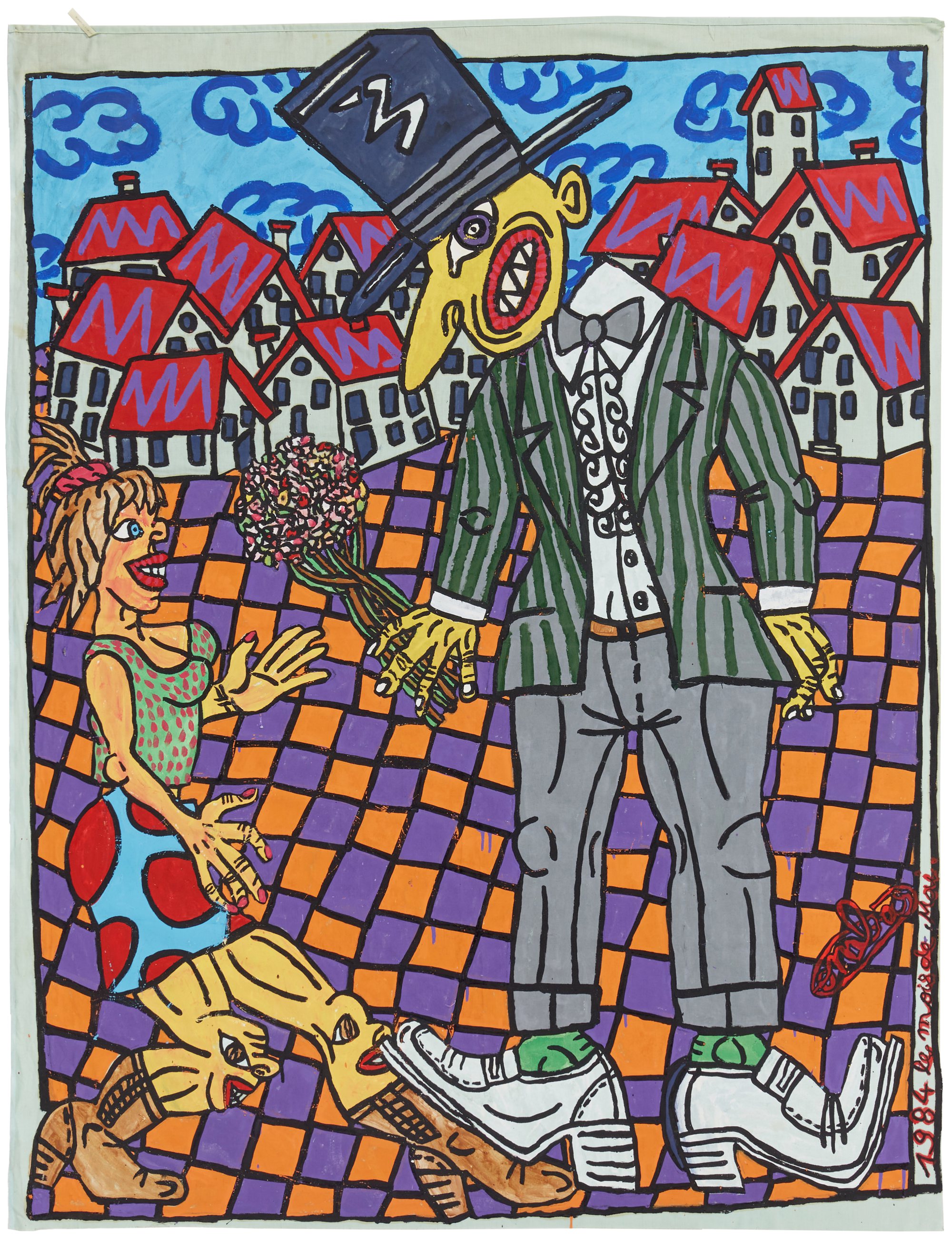 Robert Combas — L'amoureux De La Blonde À Vapeur Lui Clame Des Mots Passionnés En Langue Fourrée 