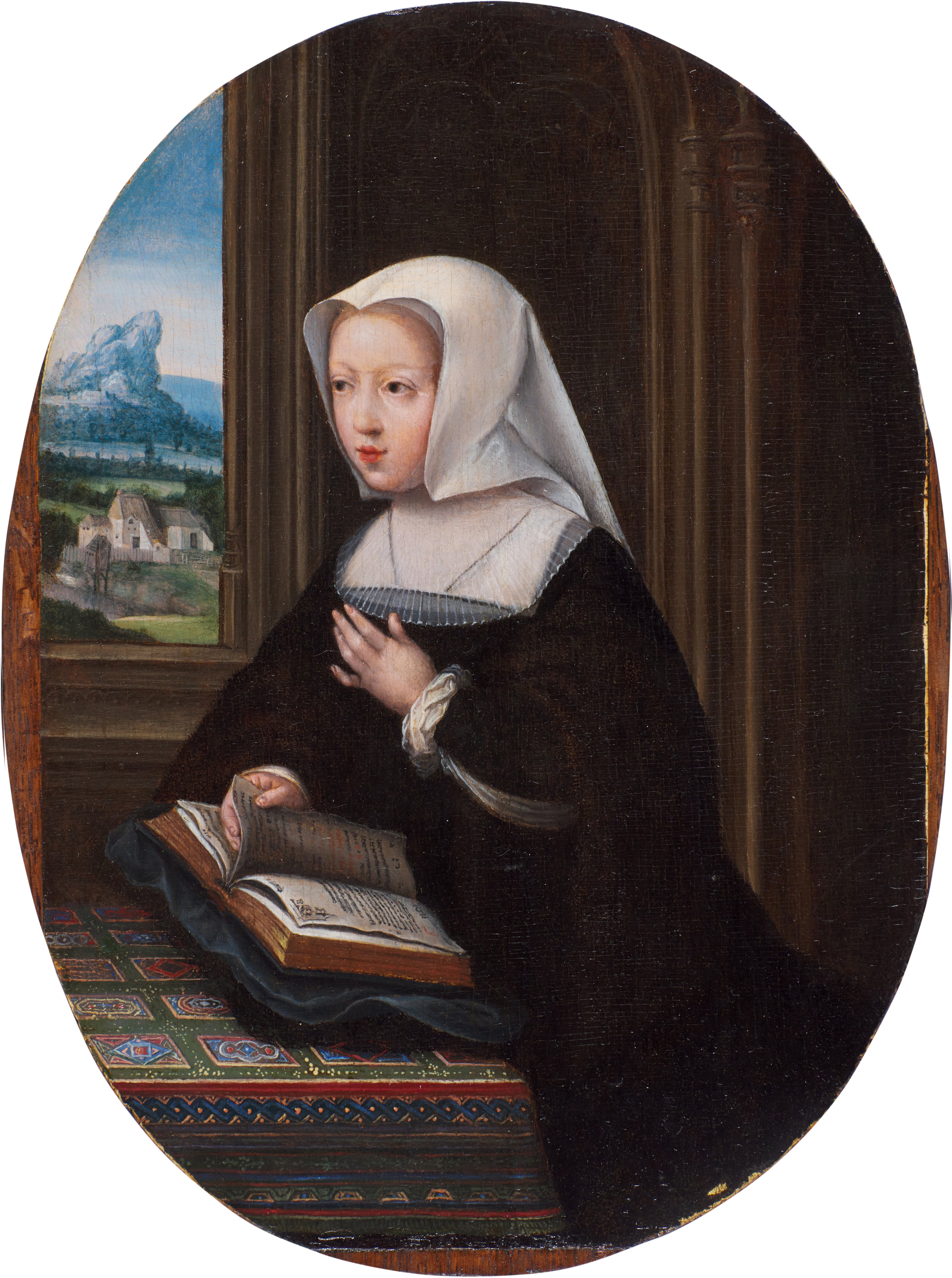 Unknown — Portrait of Margaret of Austria (1480–1530), three-quarter-length, kneeling at a table, a landscape beyond