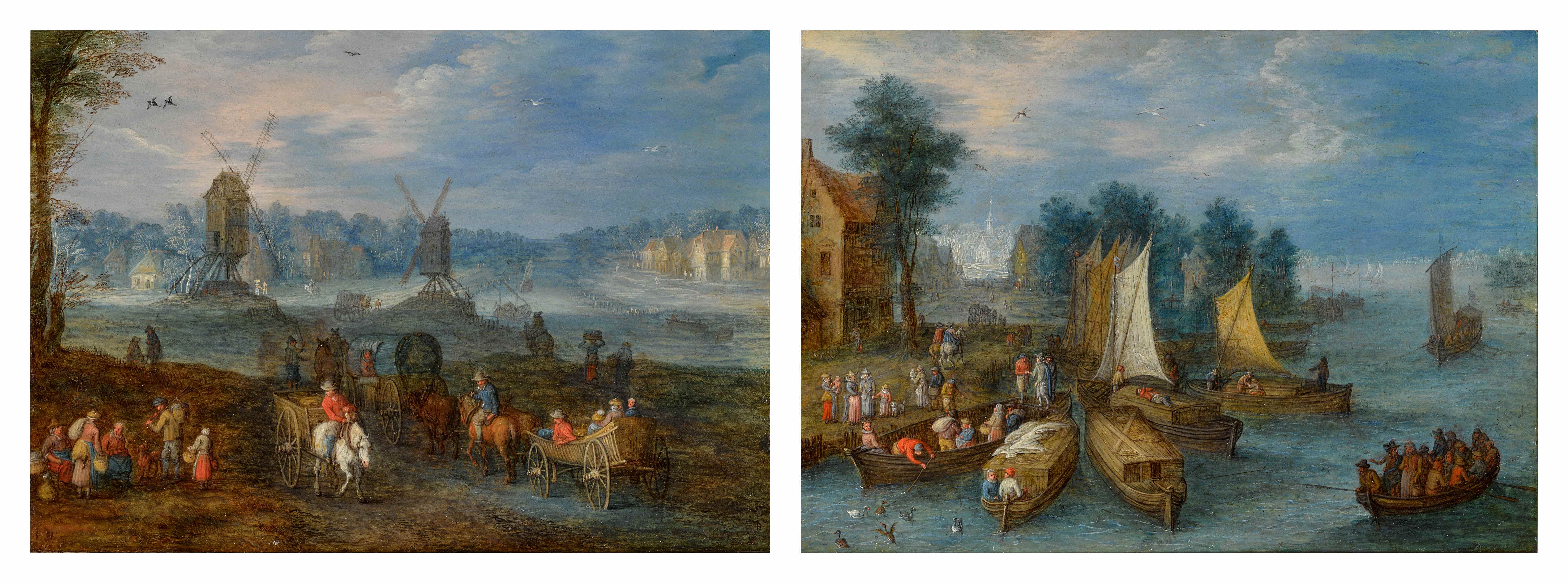 Joseph van Bredael — River landscape with travellers and windmills; River landscape with figures on a ferry and waiting by the shore