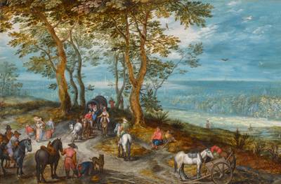 Wooded landscape with a covered wagon and travelers on a path