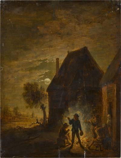 Moonlight farm with figures around a fire