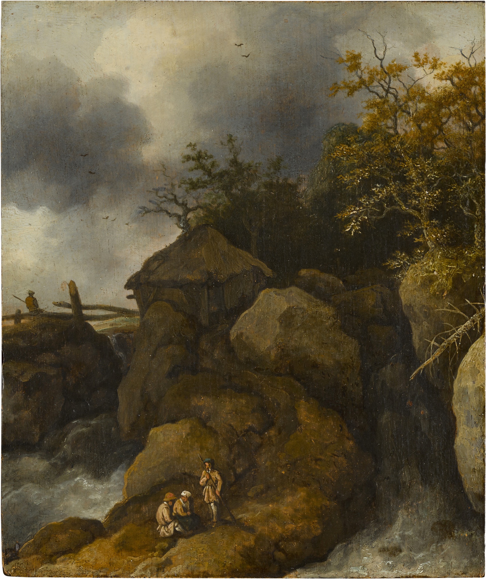 Norwegian landscape with  three figures on a rocky outcrop