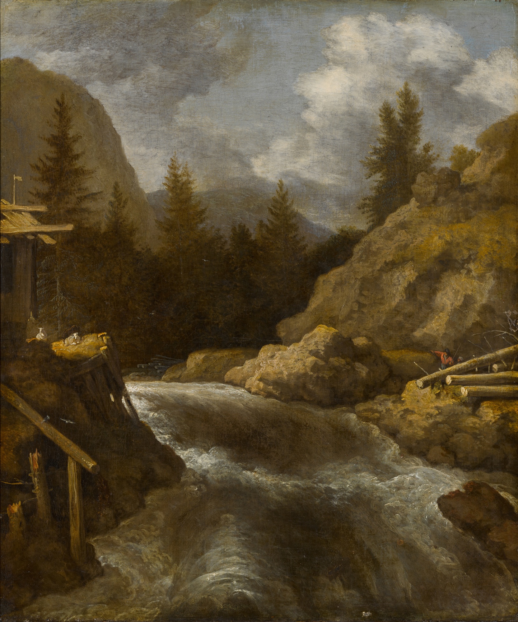  Norwegian rocky landscape with a waterfall, figures and felled trees to the right