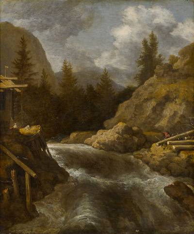  Norwegian rocky landscape with a waterfall, figures and felled trees to the right