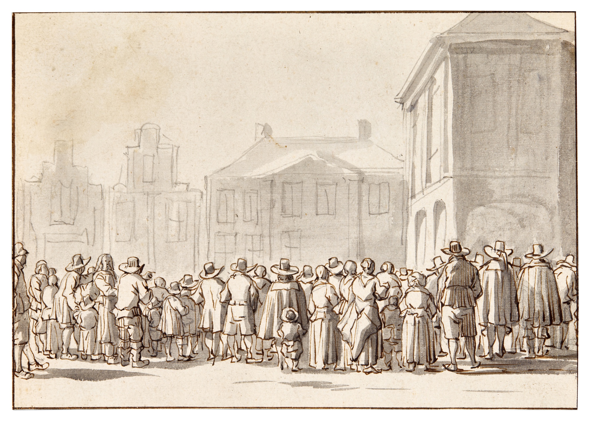 Attributed to Job Berckheyde — Scene in a square, with watching figures