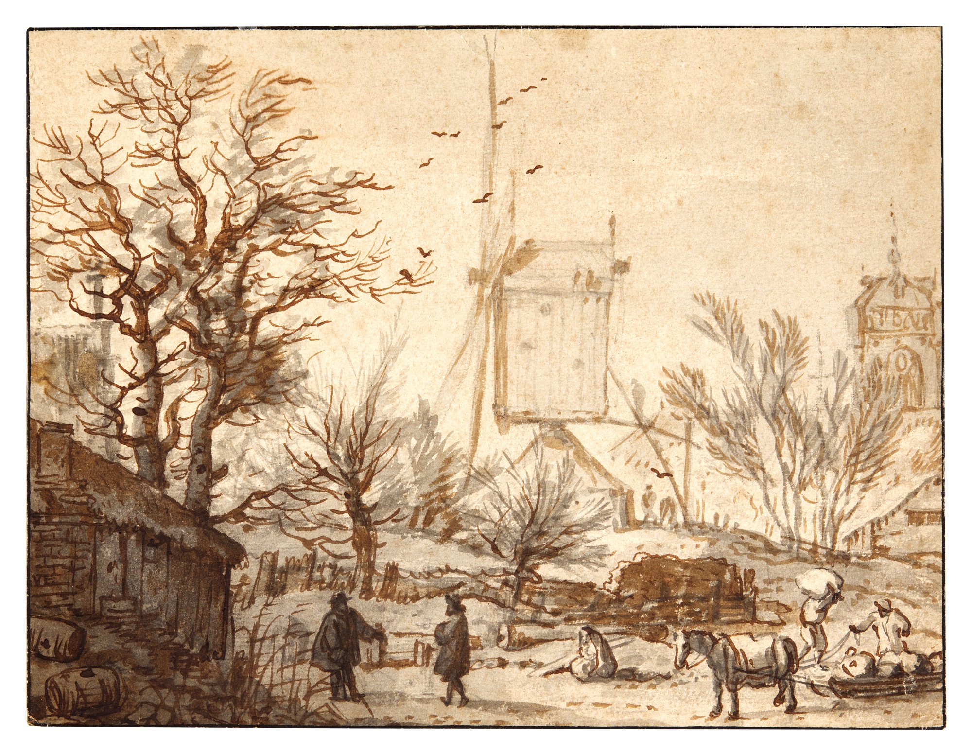 Allaert van Everdingen — Winter Landscape with figures and a horse, a mill amongst buildings and trees behind
