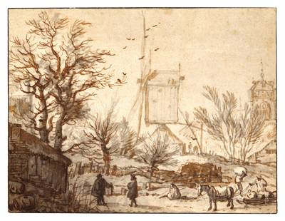 Winter Landscape with figures and a horse, a mill amongst buildings and trees behind