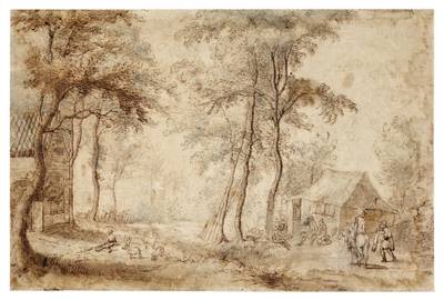 Hunters by a hut in a landscape