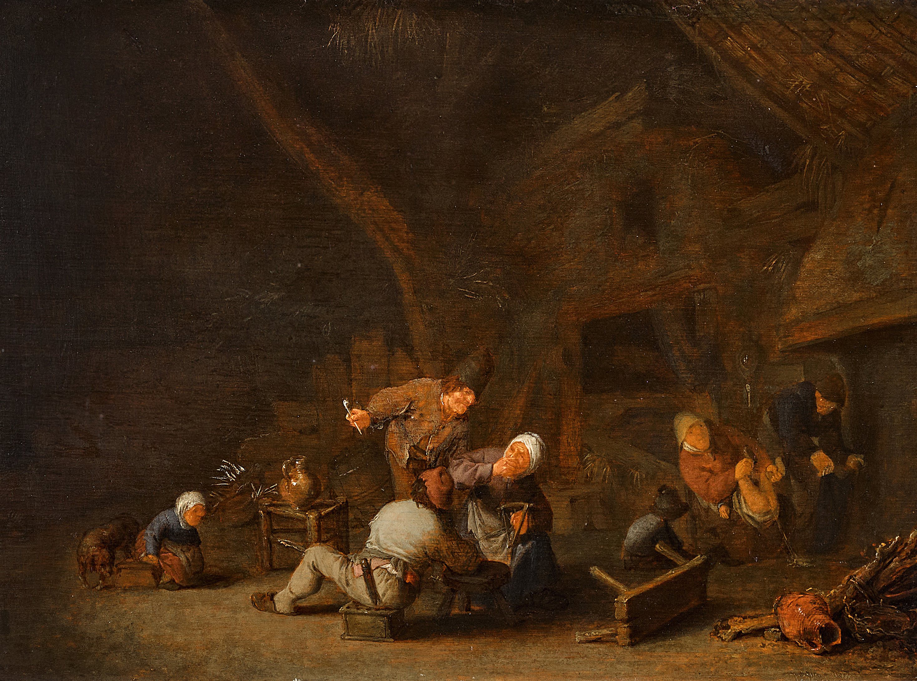 Adriaen van Ostade — Interior of a barn with peasants carousing ('The sense of smell')