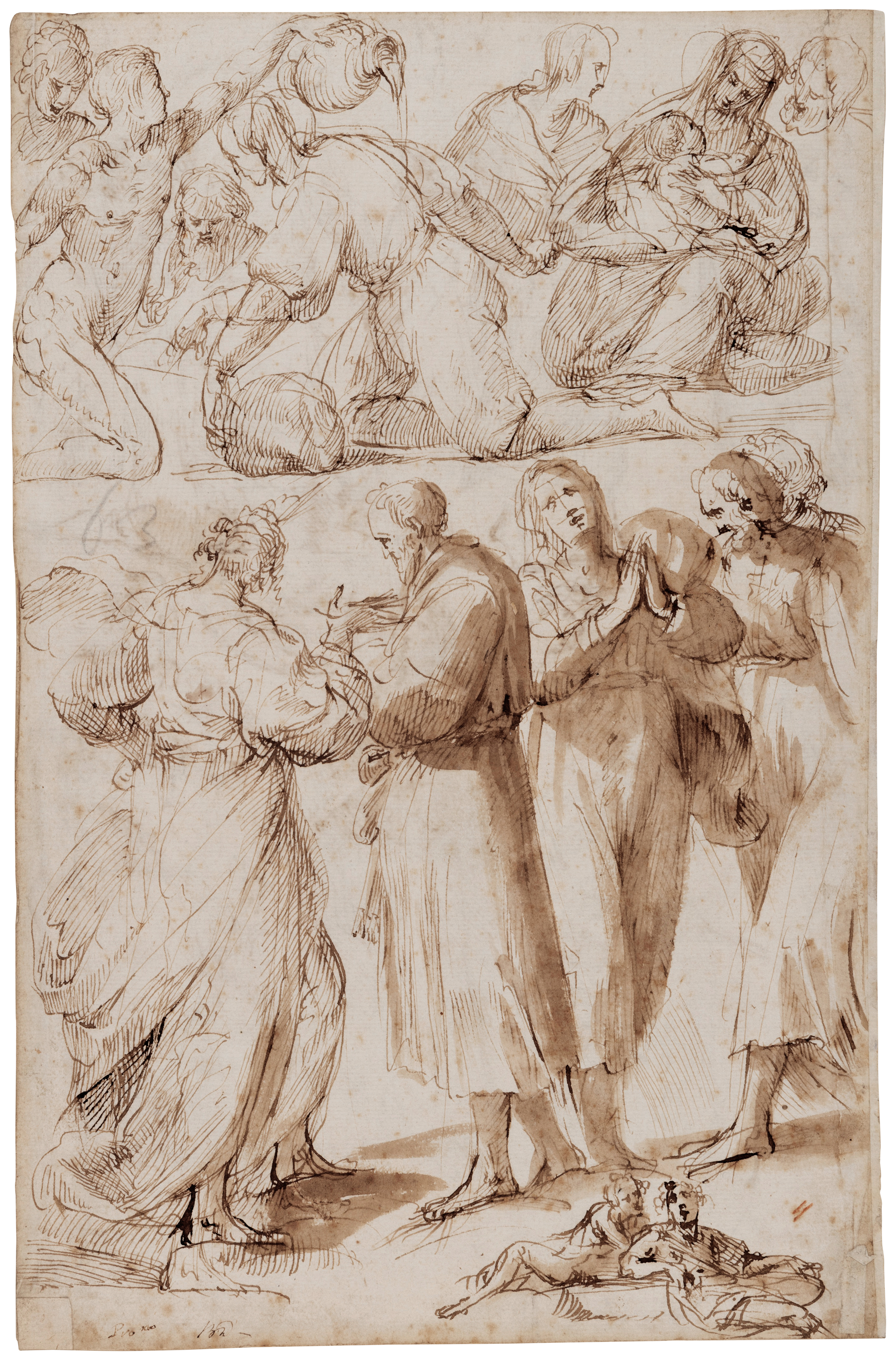 Giulio Cesare Procaccini — Recto: A sheet of studies of standing, seated and reclining figures and the Madonna and Child seated; Verso: Saint Margaret and other figures