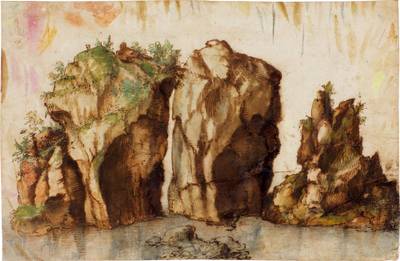 Four rocks on a shore, to the left travelers on their way to a rural church at the top of the rock