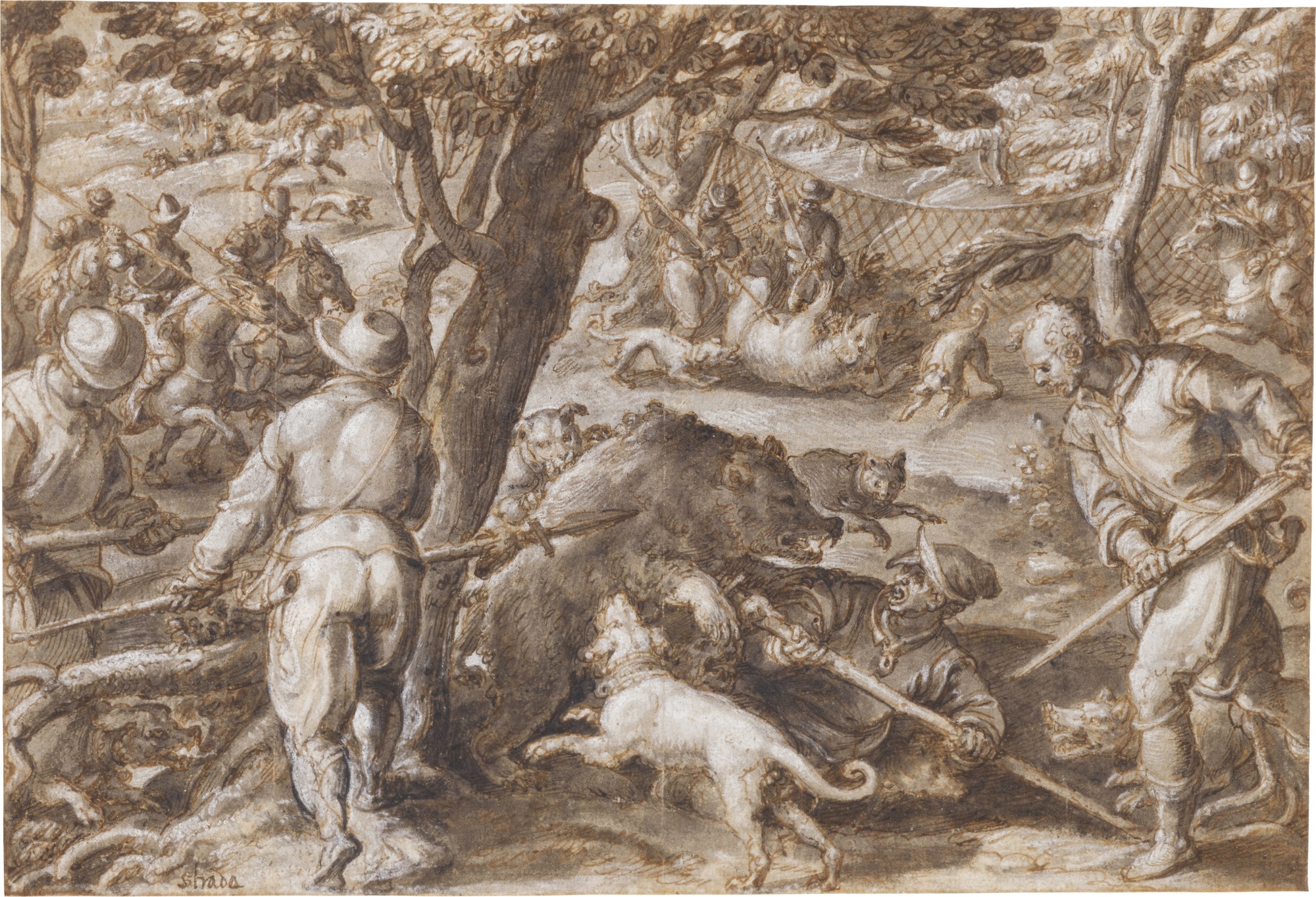 Jan van der Straet, called Stradanus — Hunting bear with nets and dogs