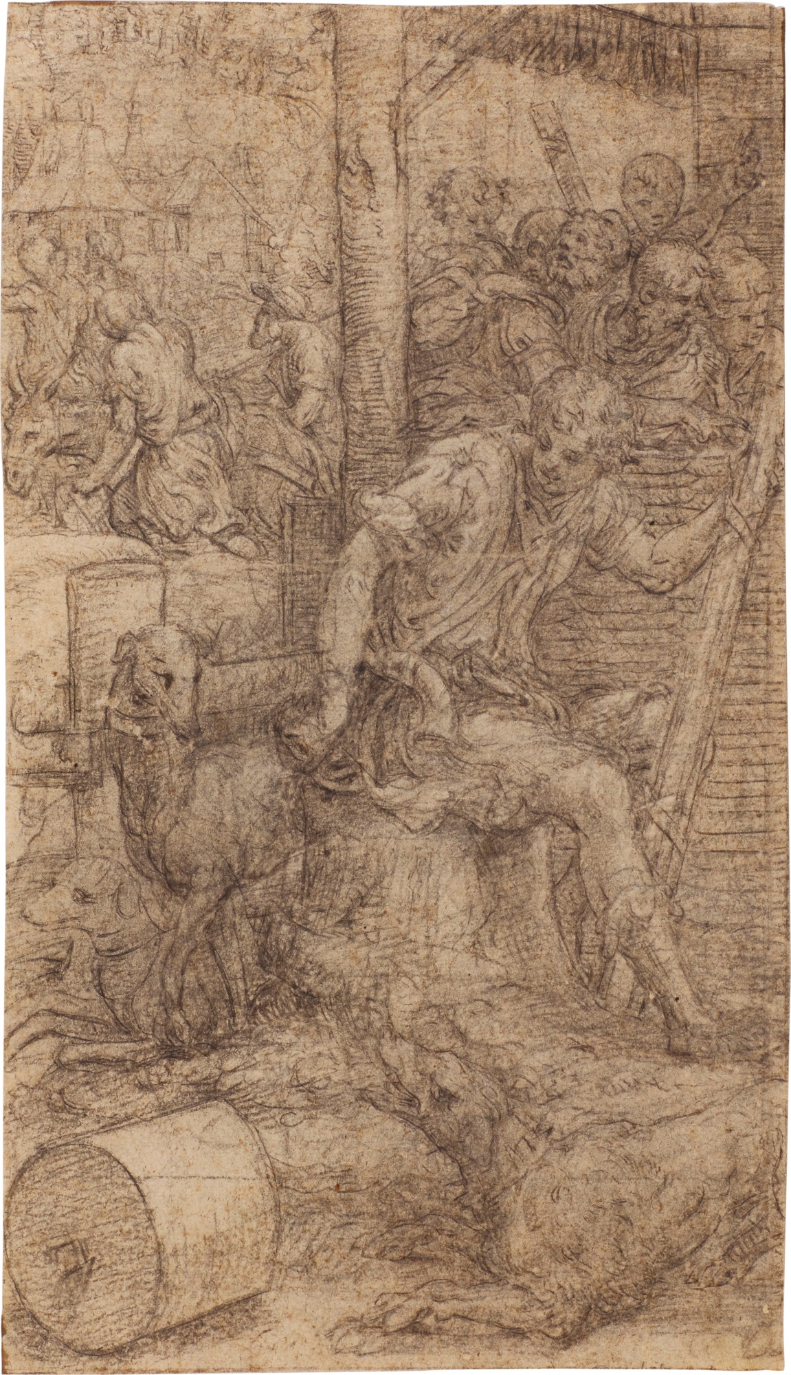Giulio Campi — A young shepherd seated on a tree trunk, three dogs beside him, figures beyond and houses in the background