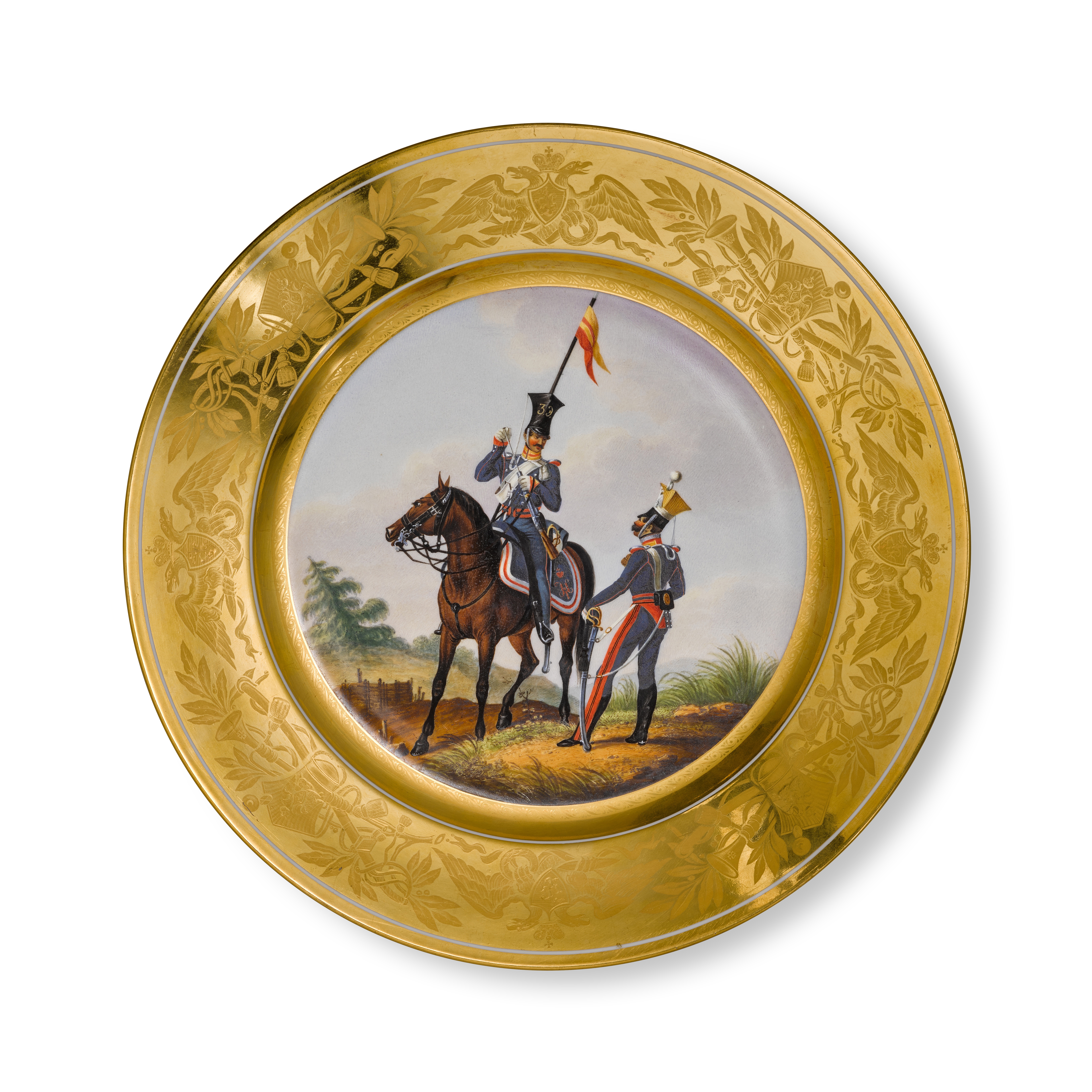 Unknown — Officer and Soldier of His Imperial Highness Grand Duke Mikhail's Lancer Regiment: a military porcelain plate, Imperial Porcelain Manufactory, St Petersburg, period of Nicholas I, 1832