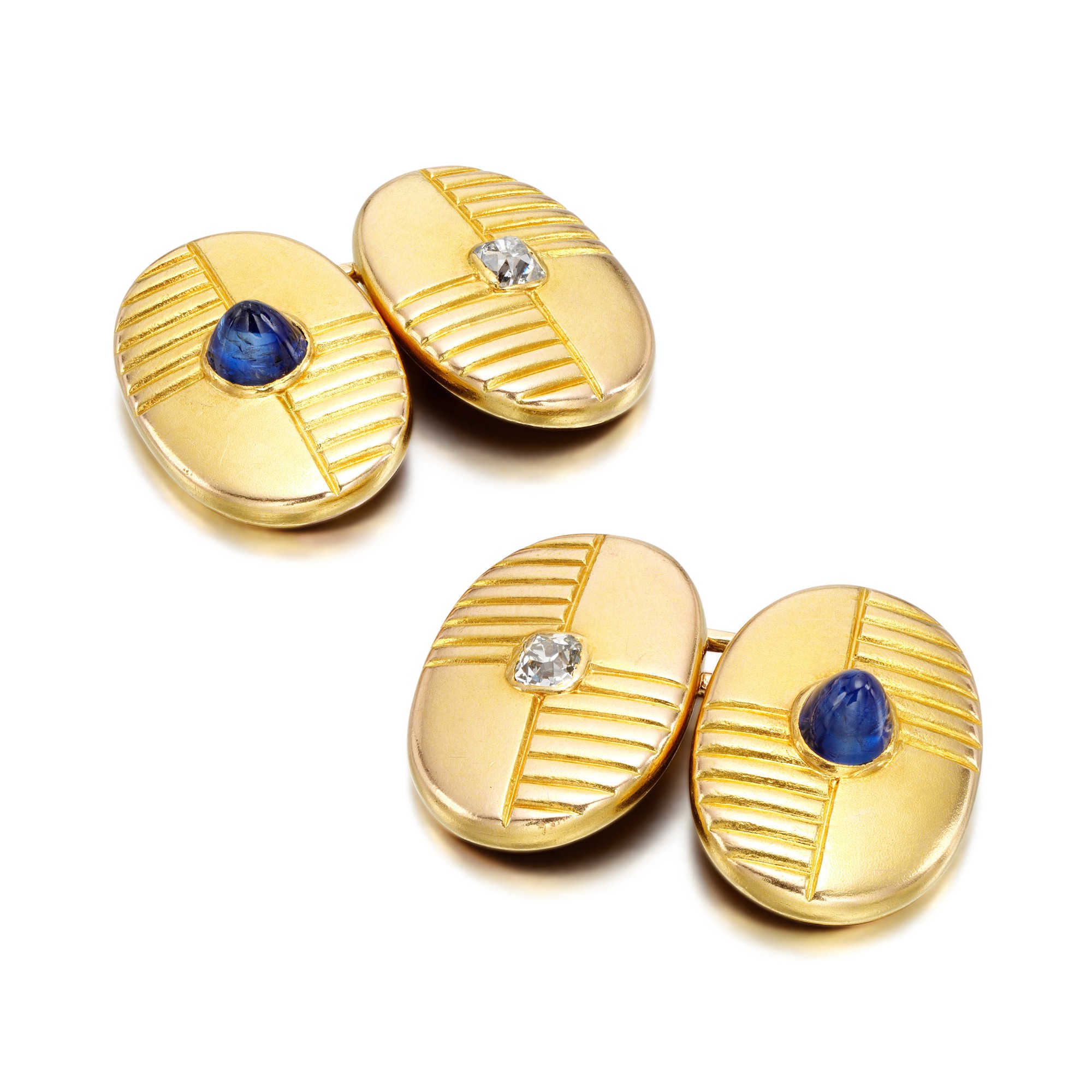 Unknown — A pair of gold, sugarloaf sapphire and diamond cufflinks, Vassili Finnikov, St Petersburg, circa 1900