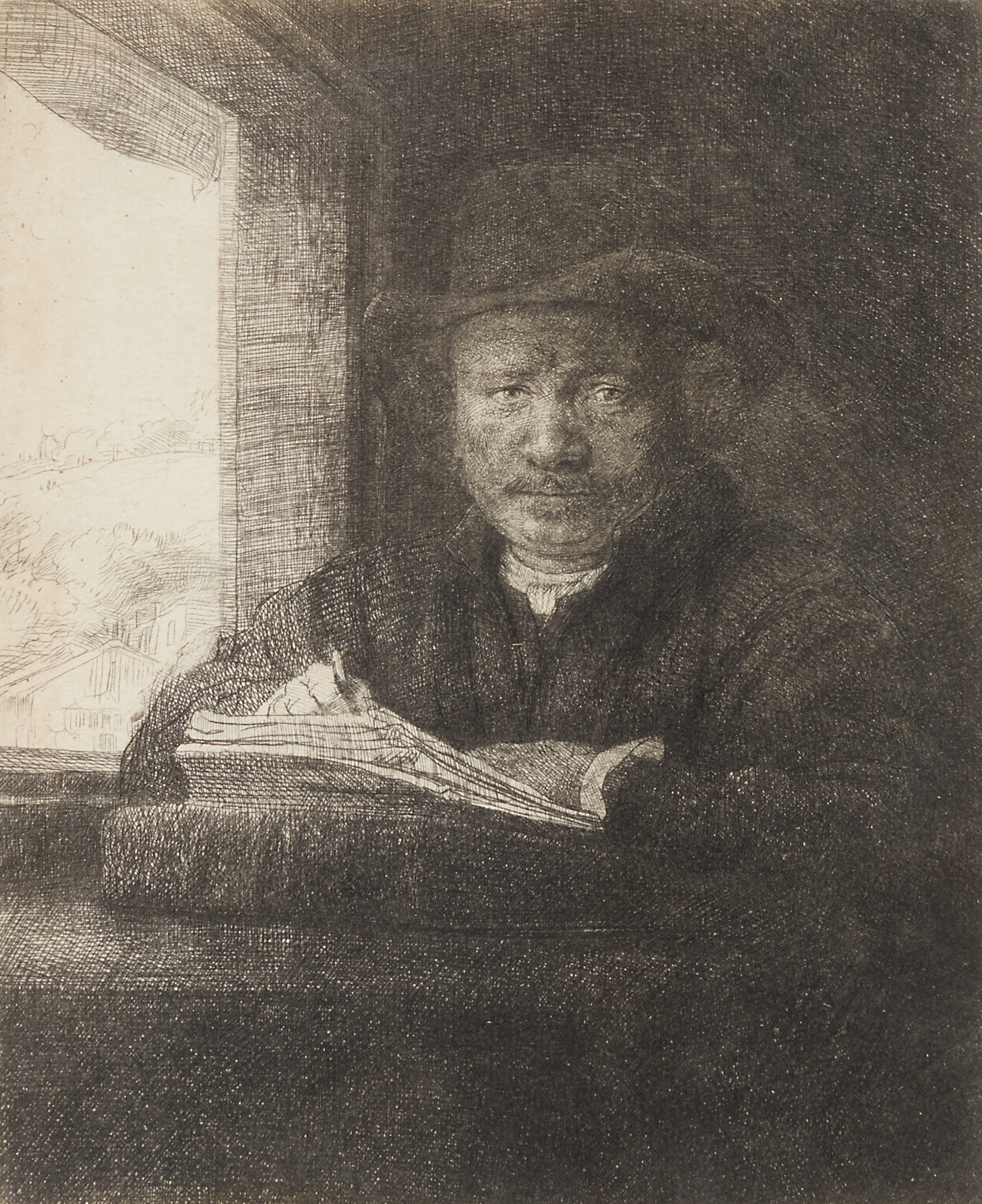 Rembrandt Harmensz. van Rijn — Self-Portrait Etching at a Window 
