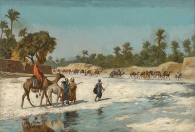 Caravan passing an oasis 