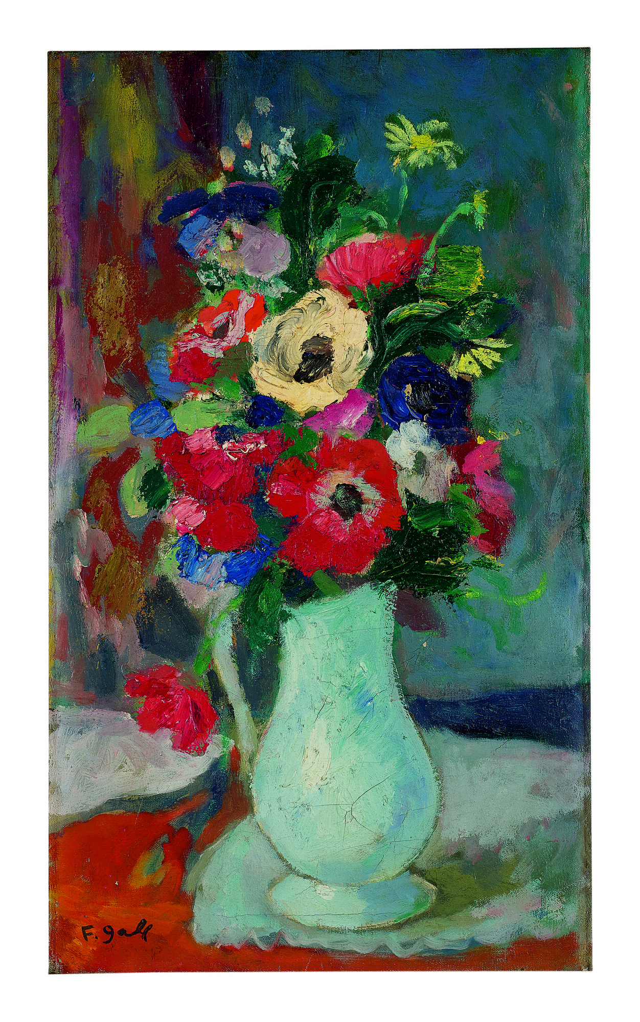 François Gall — Anémones Et Marguerites Dans Un Vase Blanc