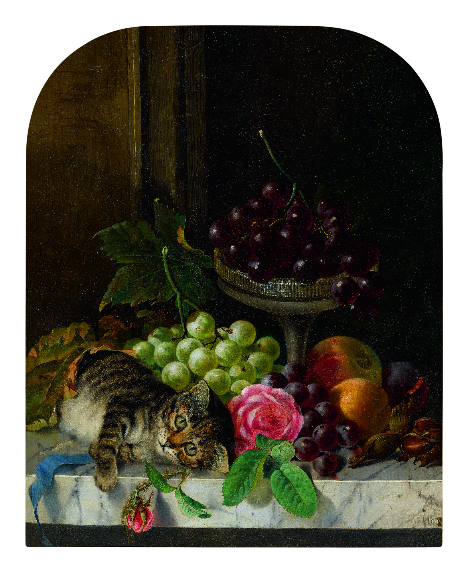 Unknown — Still Life With Flowers, Fruit And A Kitten