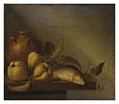 A Still Life Of A Fish, Jug, Pears, And Vines Resting On A Stone Ledge