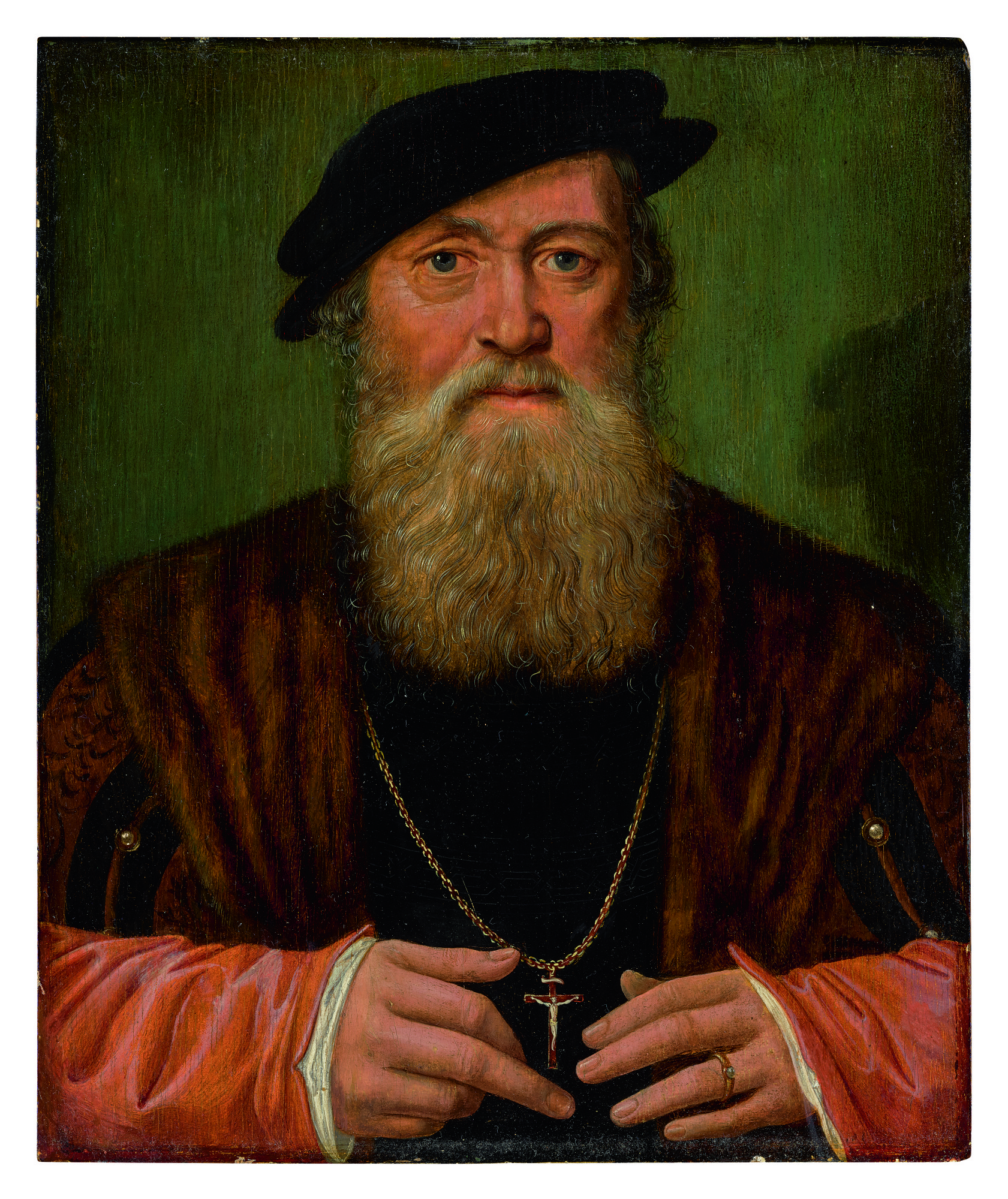 Circle of Hans Holbein The Younger — Portrait Of A Man, Half Length, Wearing A Cross Around His Neck And A Black Hat