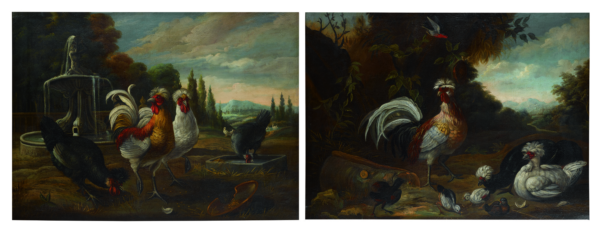 Cockerels, Hens Other Birds Before A Fountain; Cockerels, Hens And Other Birds Before A Landscape