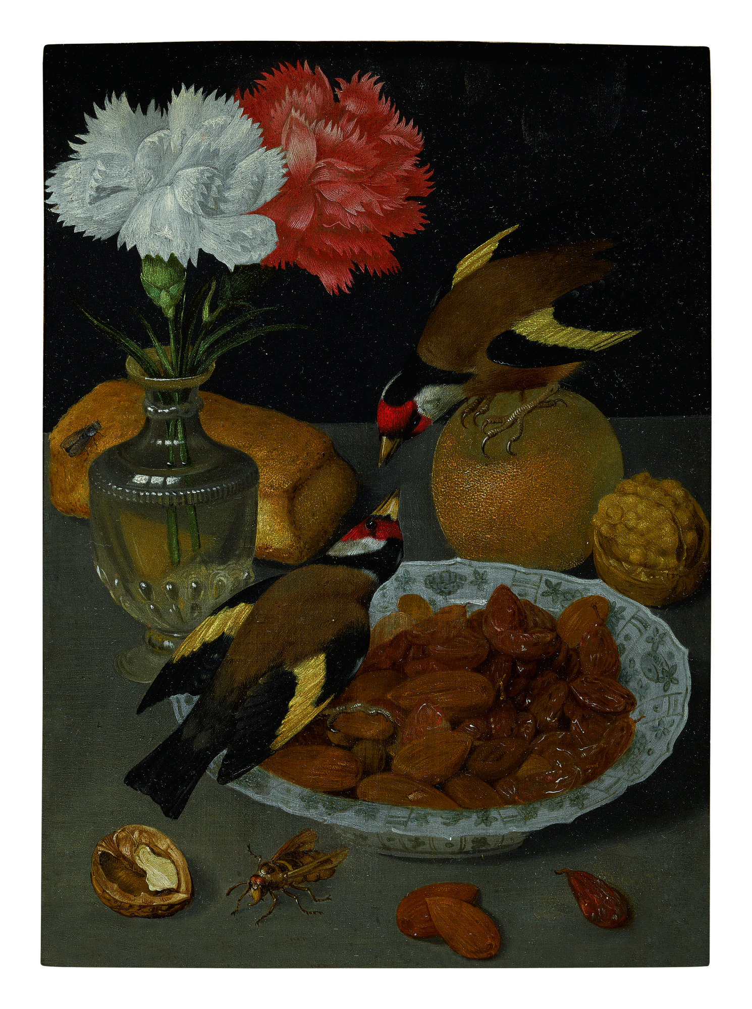 Unknown — Still Life Of A Roll, Glass Vase Of Carnations, An Orange, Walnuts, And A Bowl Of Almonds With Goldfinches