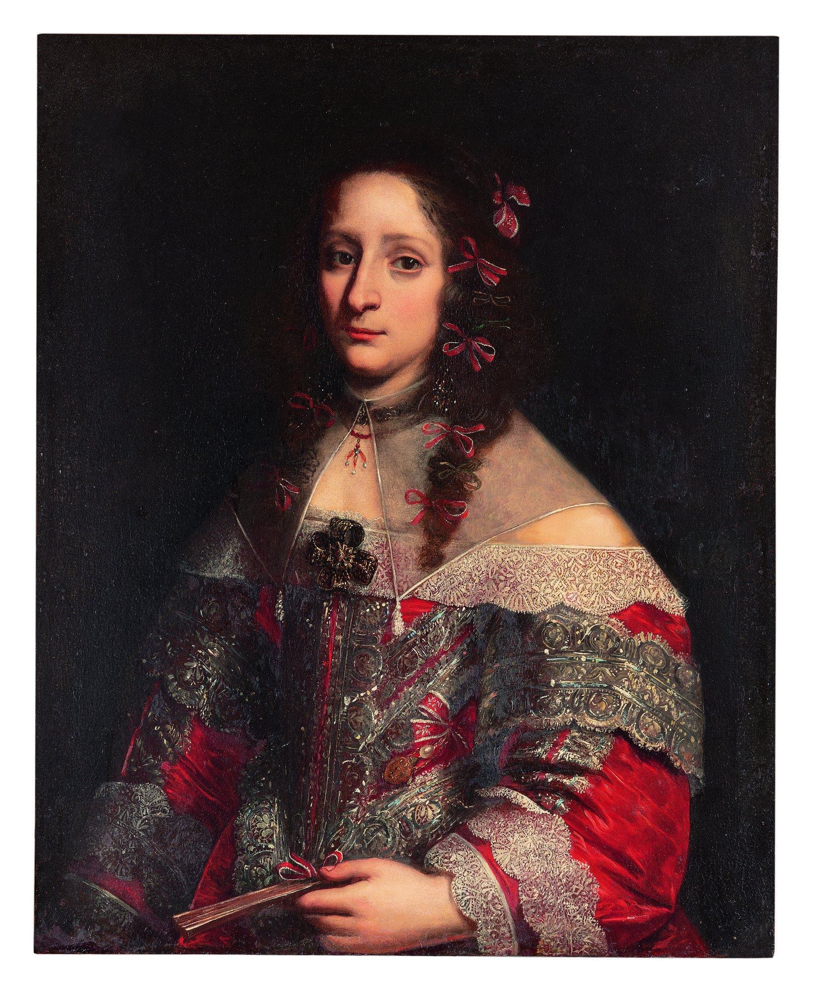 Pier Francesco Cittadini — Portrait Of A Lady, Three-quarter Length, In An Elaborately Decorated Silk Red Dress With White Lace And A Sheer Falling Collar