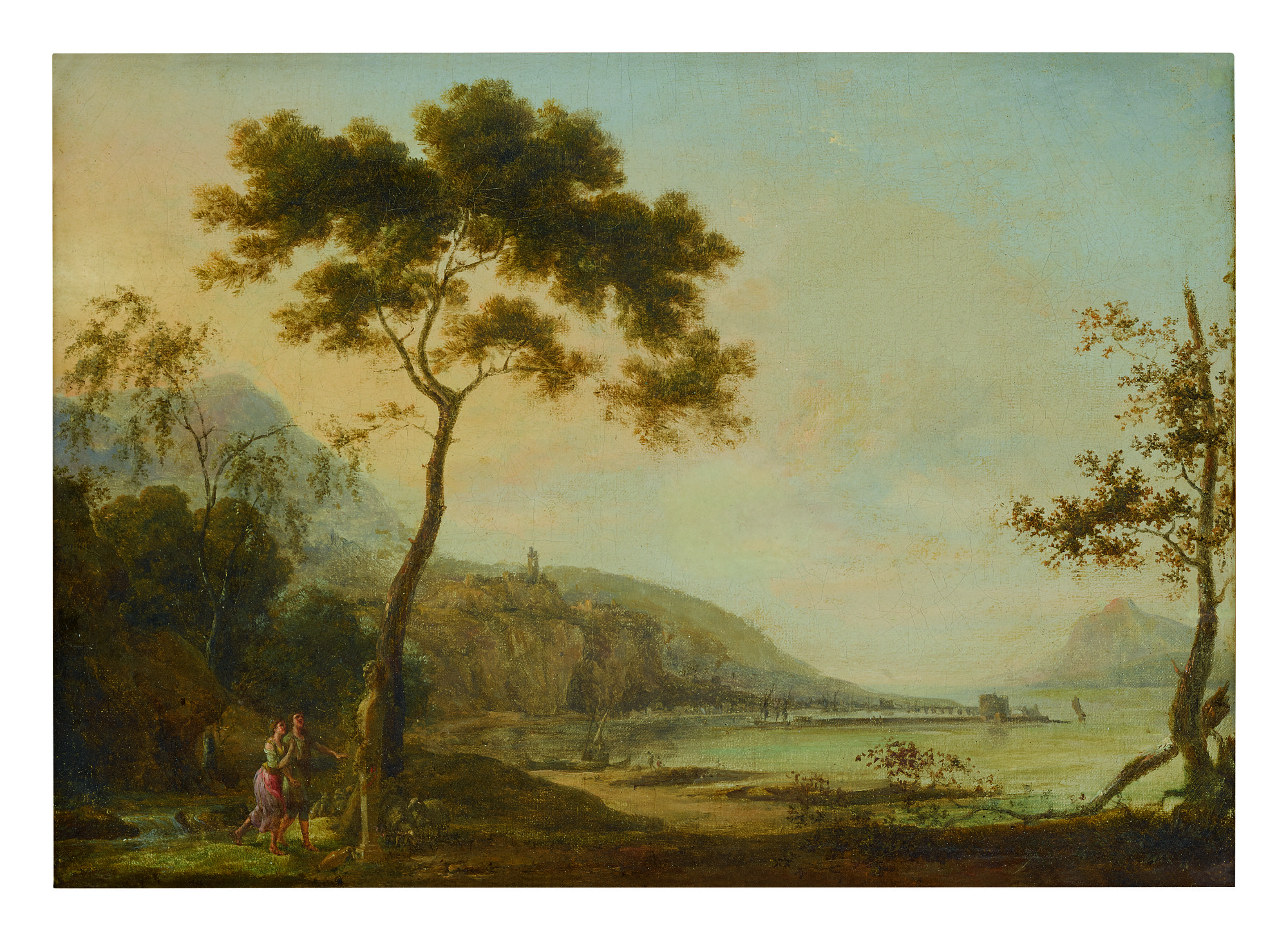 Jean-baptiste-françois Génillion — A Roman Landscape With Two Figures By The Shore