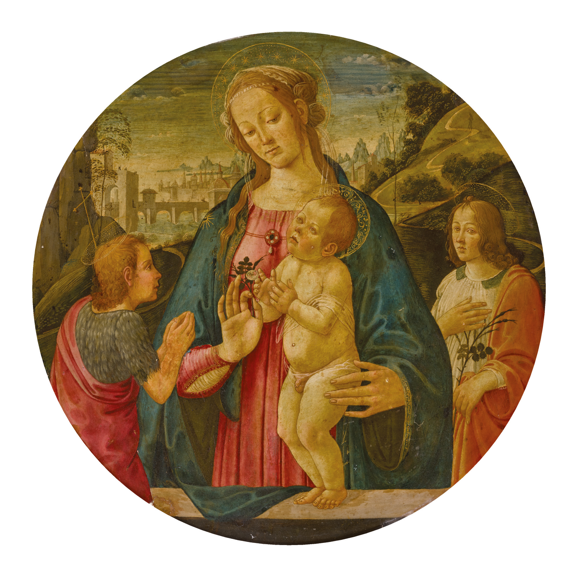 Jacopo Del Sellaio — Madonna And Child With An Adoring St. John The Baptist, Attended By A Male Saint, Before A Landscape, A Tondo