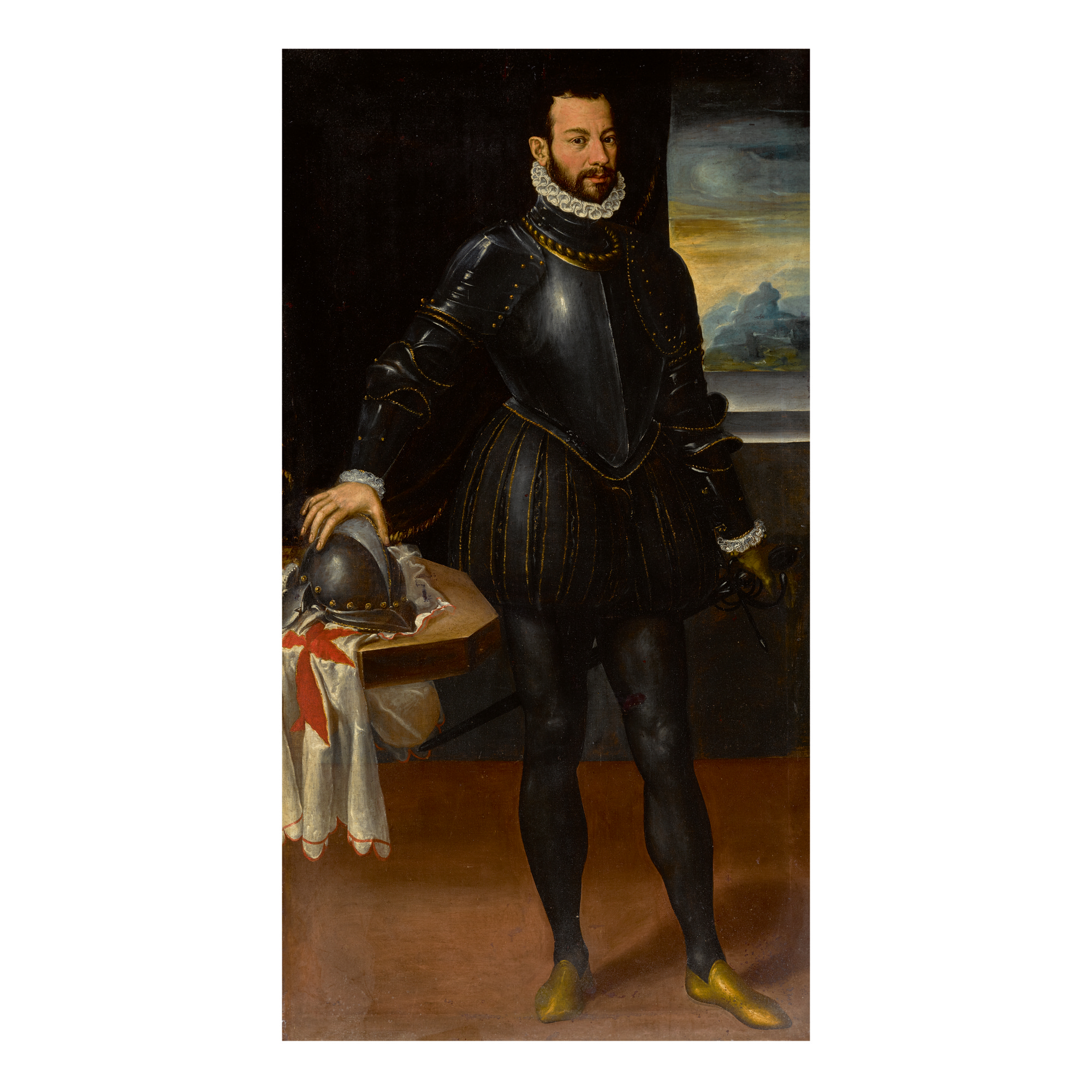 Bolognese School, 16th Century — Portrait Of A Knight Of Malta, Full Length, In Armor Standing Beside A Table With His Helmet And Standard, Before A Window