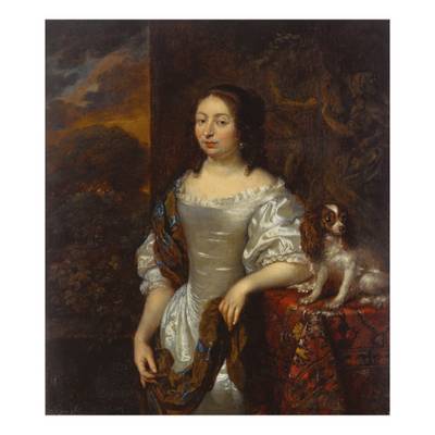 Portrait Of A Lady, Three-quarter Length, In A White Satin Dress, A Spaniel On A Table Beside Her, A Landscape Beyond