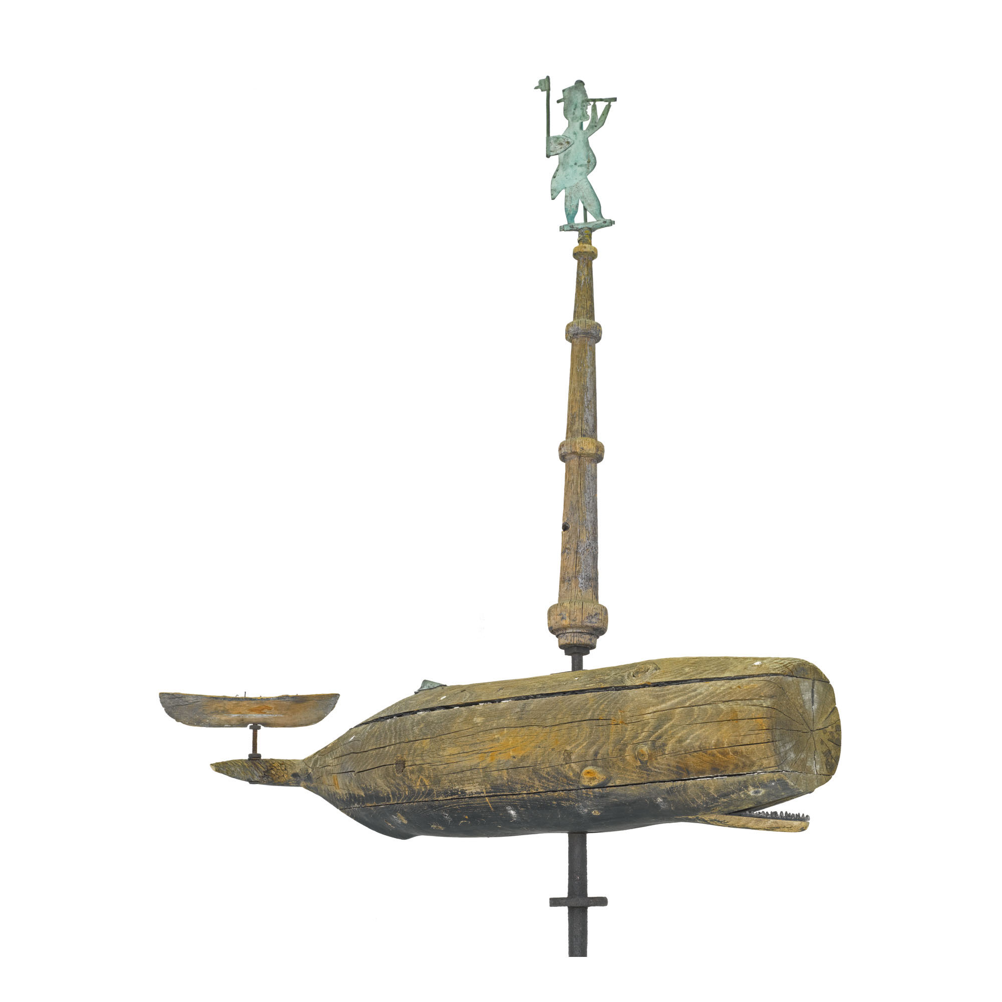 Very Rare Carved Pine And Sheet Copper Whale And Sea Captain Weathervane, Westport, Massachusetts, Circa 1850 — Very Rare Carved Pine And Sheet Copper Whale And Sea Captain Weathervane, Westport, Massachusetts, Circa 1850