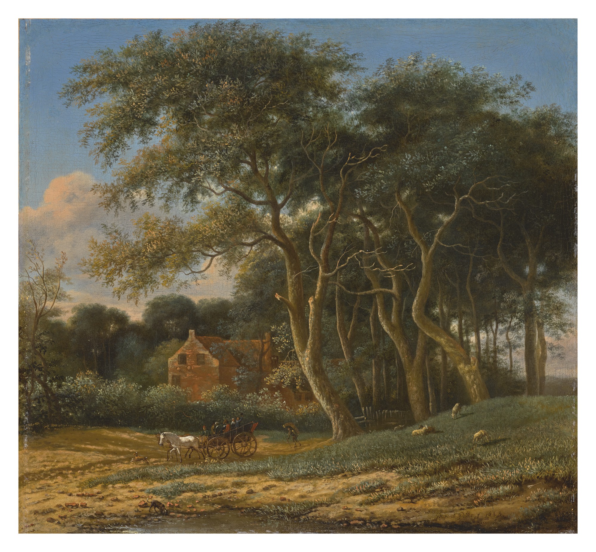 Unknown — Wooded Landscape With A Carriage, Figures, And Sheep In A Field