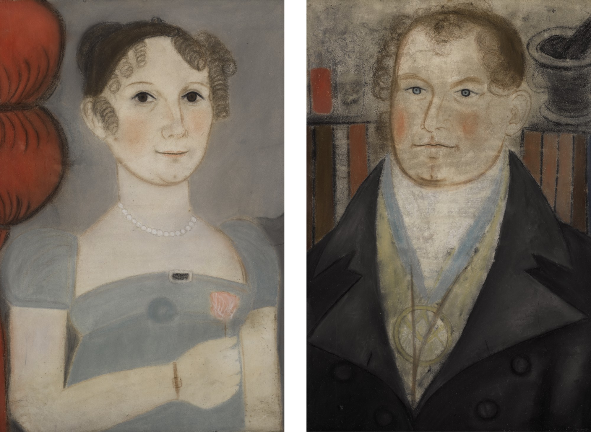 American School, 19th Century — Pair Of Folk Portraits Of Husband And Wife