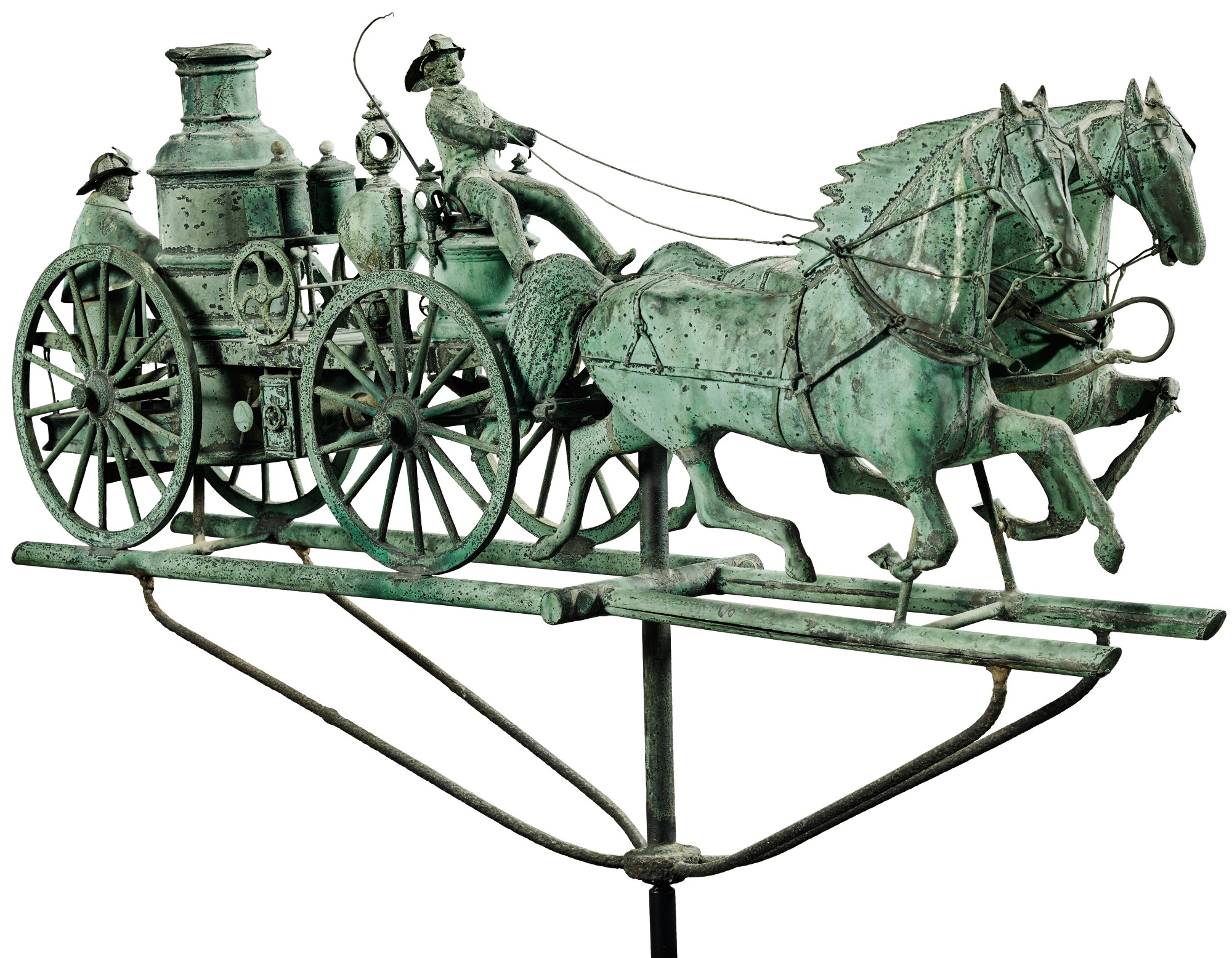 Exceptional And Rare Molded Sheet-copper And Zinc Fire Pumper And Double-horse Weathervane, Cushing & White, Waltham, Massachusetts, Circa 1870 — Exceptional And Rare Molded Sheet-copper And Zinc Fire Pumper And Double-horse Weathervane, Cushing & White, Waltham, Massachusetts, Circa 1870