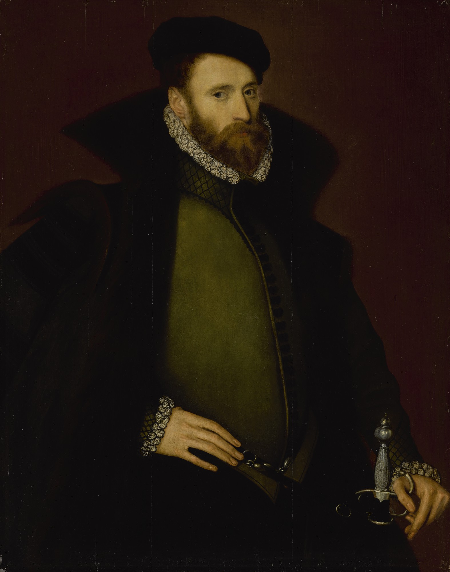 Steven van Der Meulen — Portrait Of George Dacres Of Cheshunt (1533-1580), Three-quarter Length, In A Dark Green Doublet, Fur Cloak, Hat, And Sword