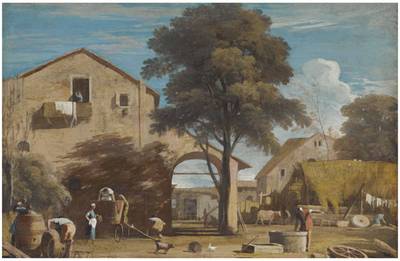 Landscape With A Courtyard With Rural Buildings And Peasants