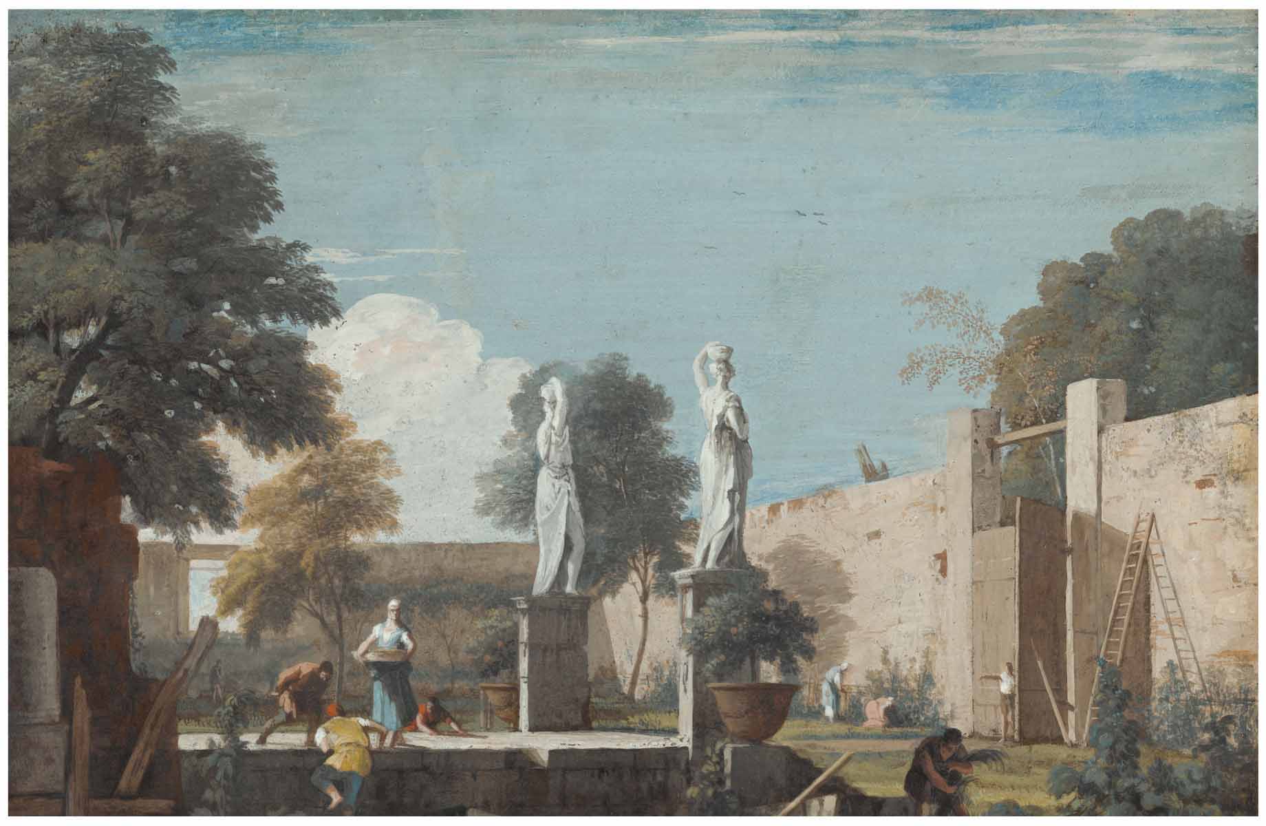 The Walled Courtyard Of A Villa With Statues And Figures