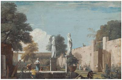 The Walled Courtyard Of A Villa With Statues And Figures