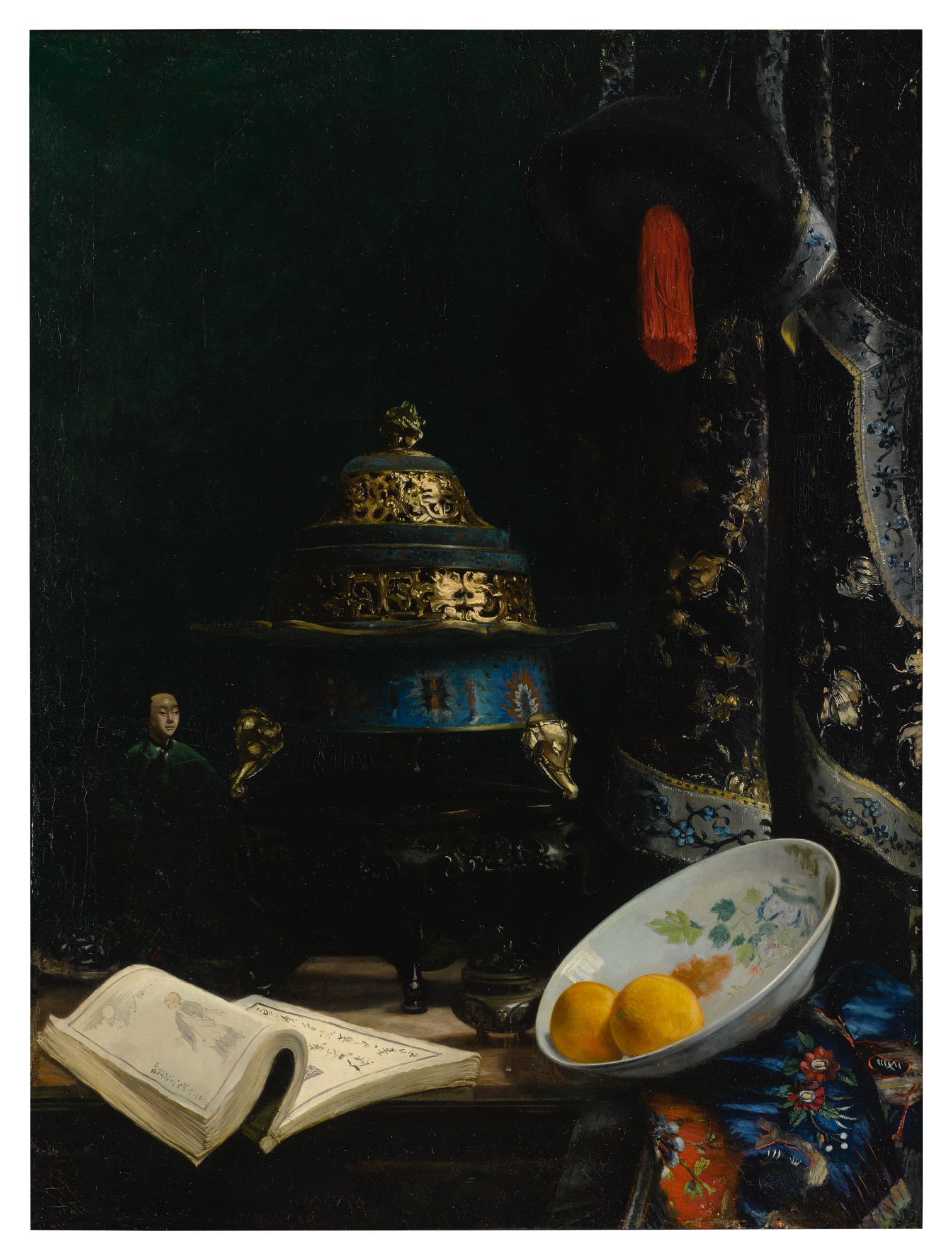 E.a. Baron Deslandes — Still Life Featuring An 18th Century Chinese Censer, Porcelain Enameled Dish And Qing Dynasty Courtier's Hat
