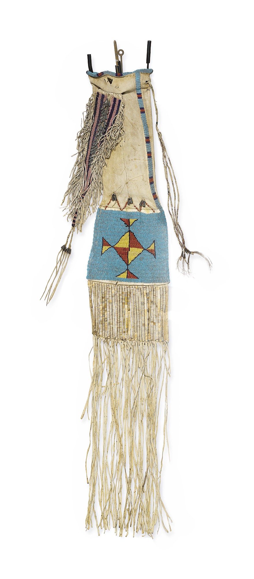 Arapaho Beaded, Quilled and Fringed Hide Tobacco Bag, Wyoming, — Arapaho Beaded, Quilled and Fringed Hide Tobacco Bag, Wyoming, circa 1875