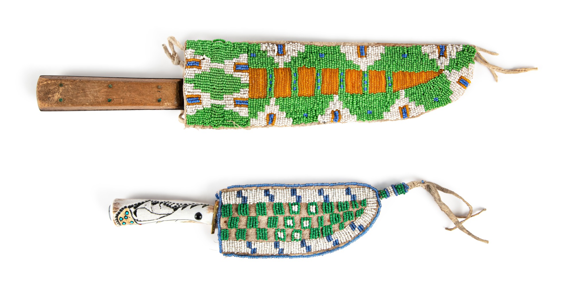 Two Beaded Hide Knife Sheaths — Two Beaded Hide Knife Sheaths