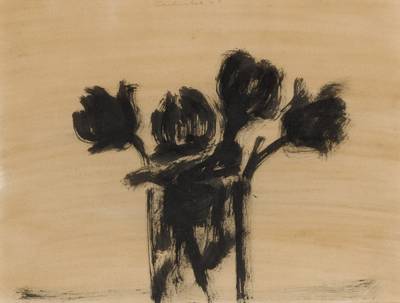 Four Black Flowers in a Glass Vase