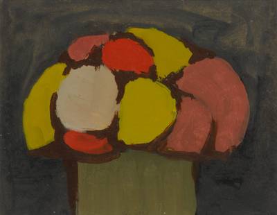 Yellow, Red and Pink Flowers in a Green Vase on a Black Background