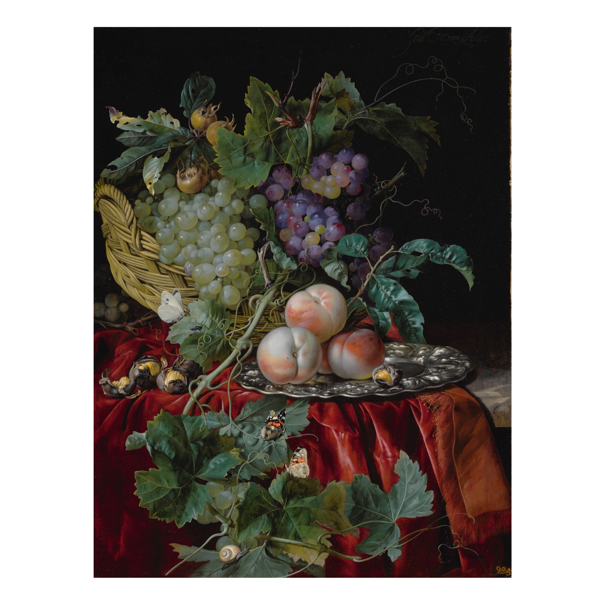 Willem van Aelst — Still life with grapes in a basket, peaches on a silver dish, medlars, two butterflies, a fly and a snail, all on a red velvet cloth over a partially draped ledge