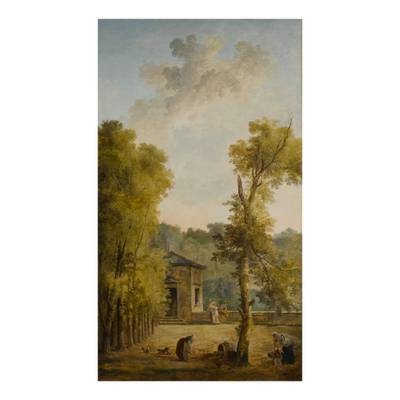 View of a walled garden courtyard, with a woman feeding chickens and other figures in the foreground